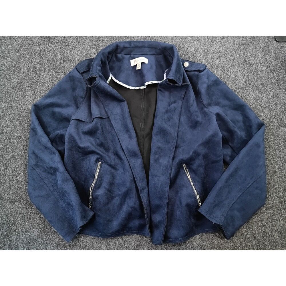 Philosophy Republic Navy Blue Faux Suede Open Front Moto Jacket XL Floral Trim